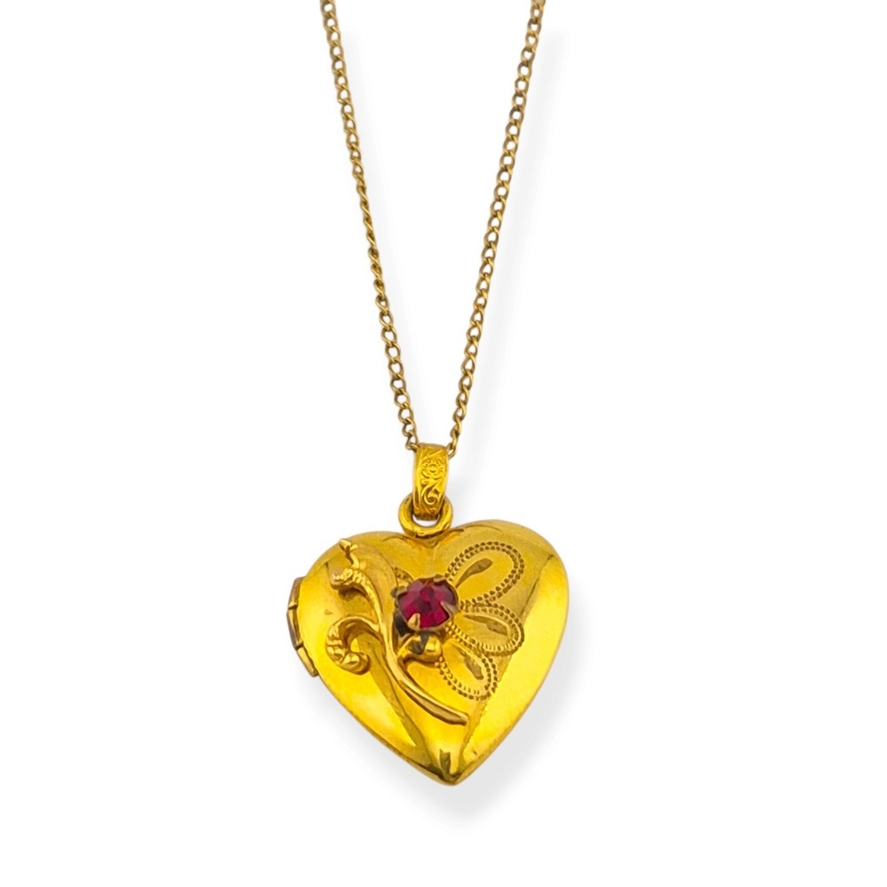 Vintage 12K Gold Filled Heart Locket Necklace Red Glass 1940s Retro Puffed 18in